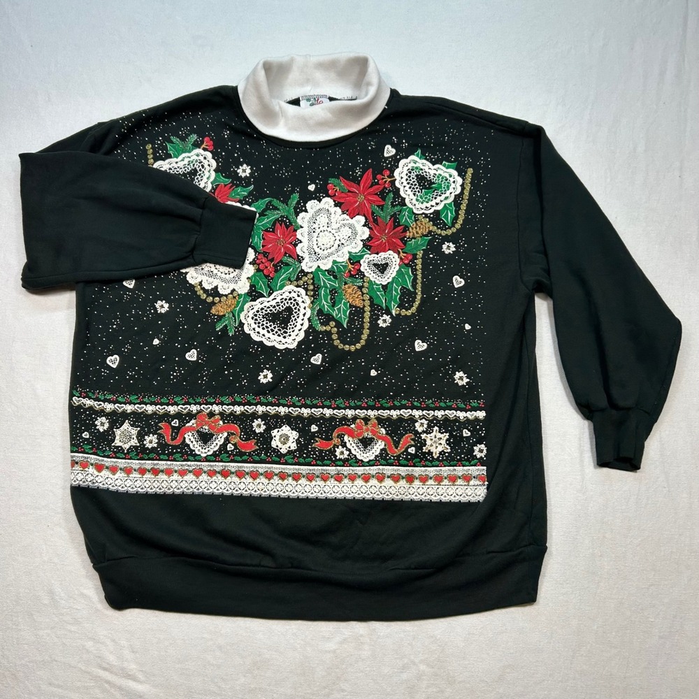 NutCracker‎ Christmas Sweatshirt 2XL Womens Black Vintage Lace Heart Poinsettia